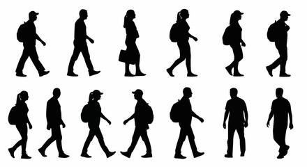 Obraz premium Silhouettes of people walking with backpacks and bags in various poses and directions on white background