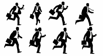 Obraz premium Silhouettes of business people running with briefcases in a hurry on a white isolated background image