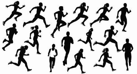 Silhouettes of men and women running in various poses and positions on a white background in black color