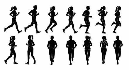 Silhouette illustration of people running in various poses and styles on a white background image art