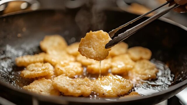 Golden hash browns sizzle in hot oil, creating a delicious aroma. Tongs lift a crispy piece, dripping with golden cooking oil.