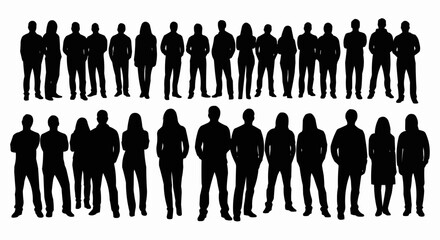 Silhouette of two rows of people standing together in a group, all in black on a white background
