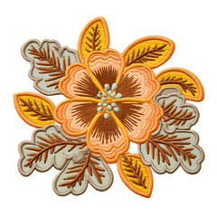 Peach floral patch with leaves; studio product on white shows layered petals, bold outlines, fresh accents; patch suits jackets and denim for diy customization; patch adds warm retro vibe spring mood
