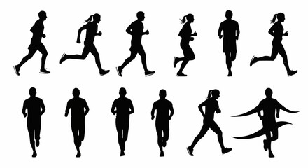 Fototapeta premium Silhouette illustration showing multiple people running in various poses and directions on a white background