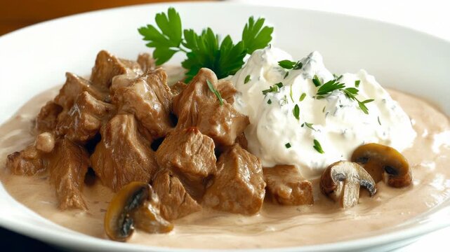 Savory beef stroganoff features tender meat in a rich, creamy sauce. It is garnished with fresh parsley and a dollop of sour cream.
