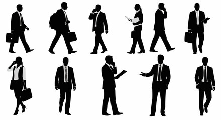 Fototapeta premium Silhouette illustration of business people in suits walking and talking on their phones in various poses