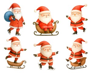 Fototapeta premium Watercolor Santa Claus Clipart Set | Cute Christmas Santa in Red Suit with Gifts and Sleigh Illustration