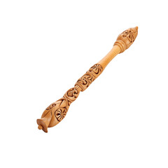 Folk carved wand with floral motifs; wand shows smooth wood grain and ornate ends in angled view; wand isolated on white for product showcase, fantasy cosplay prop mood, artisan vibe, woodland charm