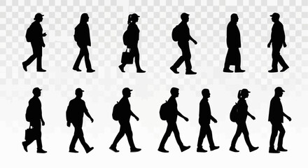 Obraz premium Silhouettes of people walking with bags and backpacks in various poses and directions on a transparent background