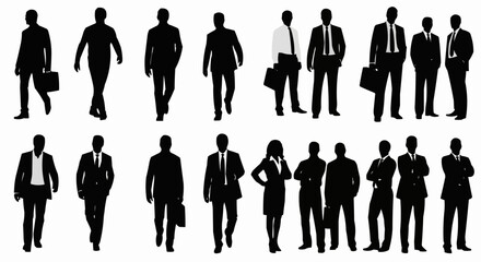 Silhouettes of business people in suits standing and walking with briefcases in a group format