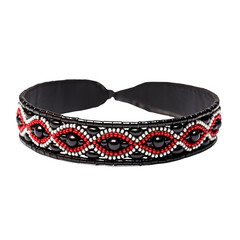 Beaded headband in black red, headband with geometric wave pattern and glossy beads, headband suits boho outfit, handmade craft, festival styling or gifting, isolated product photo, fashion concept