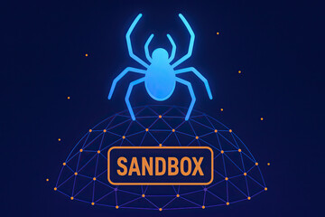Blue glowing spider icon above digital dome network with orange nodes and rectangular sandbox label conveying cybersecurity testing environment and threat simulation mood