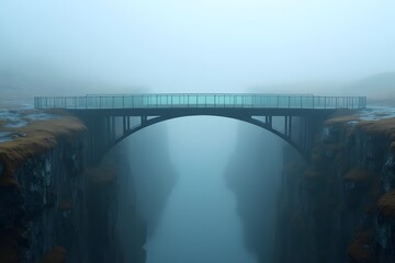 A bridge made of glass over a canyon filled with fog.