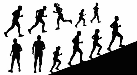 Obraz premium Silhouette illustration of people running on flat ground and climbing a hill in a black and white image