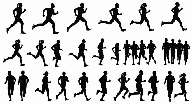 Silhouette of many people running in various poses and in groups on a white background showing movement