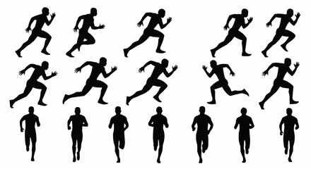Naklejka premium Silhouettes of runners in various poses depicting motion and speed on a white background in a pattern