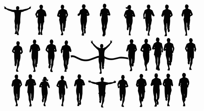 Silhouette illustration of multiple people running a race with one crossing the finish line
