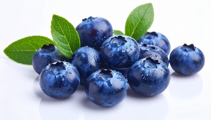Fototapeta premium Heap of Fresh Blueberries with Green Leaves on a White Reflective Surface