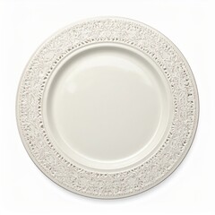 Empty Round Ceramic Plate with Embossed Floral Rim on White Background