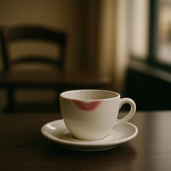 Close-up of a white coffee cup on a saucer with a red lipstick mark on the rim. Soft lighting and blurred background create a nostalgic and intimate atmosphere.
