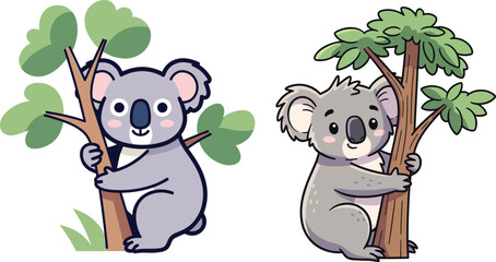 Cute cartoon koalas hugging eucalyptus trees, adorable Australian wildlife animals illustration, funny forest nature scene with green leaves and smiles