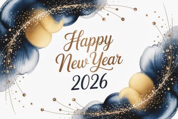 Happy New Year 2026 festive background featuring elegant blue watercolor and shimmering gold accents.