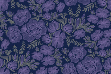 Vintage floral ethnic tapestry modern embroidery texture boho design vector illustration hand drawn silhouette indigo blue dark flower motif branches leaves wallpaper seamless background border.