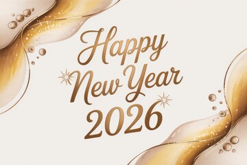 Happy New Year 2026 festive background with golden typography and flowing champagne liquid design