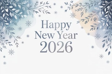 Happy New Year 2026 festive banner design featuring elegant frosty winter branches and snowflakes