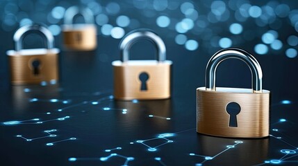 The illustration features multiple padlock icons connected through a network, symbolizing cybersecurity and data protection