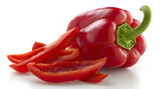 Red bell pepper and longitudinal slices of pepper, isolated on white background