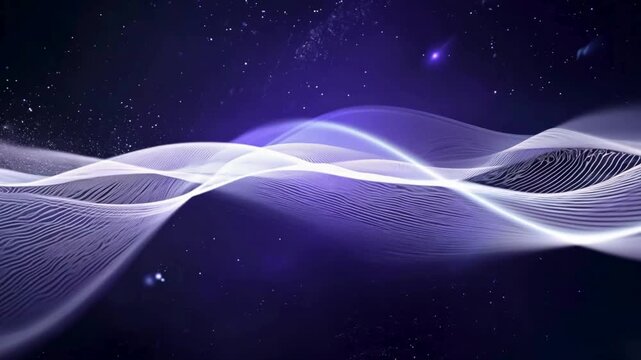 Futuristic, seamless loop of woven white/blue wireframe energy waves flowing horizontally against a dark, star-filled purple space background