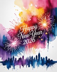 Happy New Year 2026 festive greeting card with vibrant watercolor fireworks and city skyline.