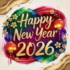 Happy New Year 2026 golden lettering on a vibrant watercolor splash decorated with festive lanterns.