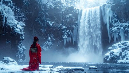 Frozen waterfall with a shrine maiden praying at its base, mystical Japanese winter s