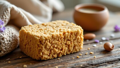 Handmade Natural Soap Bar on Rustic Wooden Surface with Pot and Soft Fabrics in Background