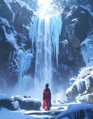 Frozen waterfall with a shrine maiden praying at its base, mystical Japanese winter s