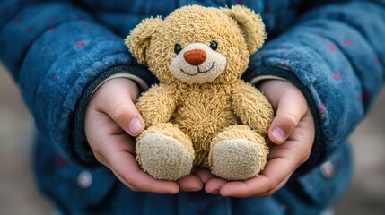A close-up of an orphan childâ€™s hands holding a small stuffed animal tightly.