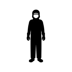 Silhouette of person wearing a hazmat suit and a protective helmet and gloves