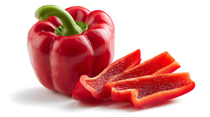 Red bell pepper and longitudinal slices of pepper, isolated on white background