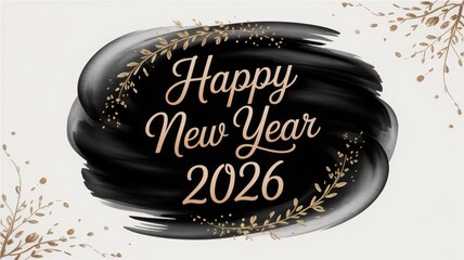 Happy New Year 2026 greeting banner with elegant gold script and artistic black brushstroke background