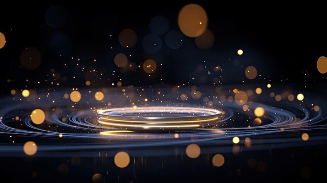 A flying saucer spacecraft hovers in the depths of space, surrounded by a vibrant blue nebula and glowing with yellow light