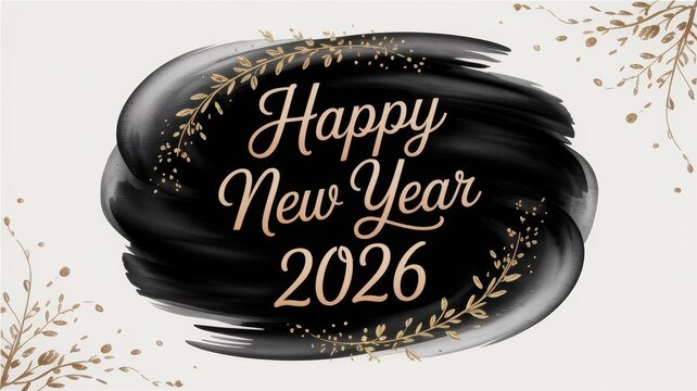 Happy New Year 2026 greeting banner with elegant gold script and artistic black brushstroke background