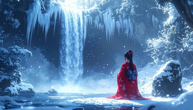 Frozen waterfall with a shrine maiden praying at its base, mystical Japanese winter s