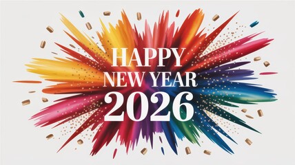 Happy New Year 2026 greeting card with colorful paint explosion and festive glitter confetti