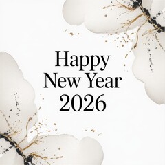 Happy New Year 2026 greeting featuring elegant watercolor flowers and gold splatter accents.