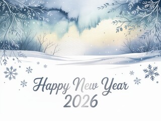 Happy New Year 2026 greeting on a beautiful watercolor winter landscape background with snow and frost.