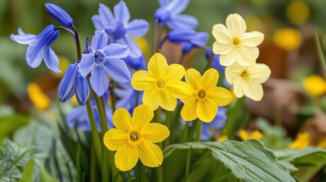 A close-up of blooming spring flowers such as bluebells and primroses in a British garden.