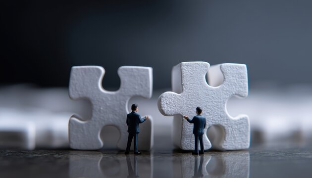 Two Businessmen Solving A Puzzle For Innovative Idea Presentation With A Moody Background - Powered by Adobe