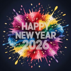 Happy New Year 2026 text over a vibrant colorful paint splatter explosion on a dark background